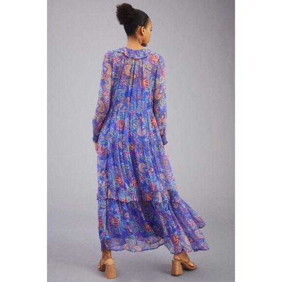 Anthropologie The Marais Chiffon Maxi Dress Blue Motif Small Petite SP Rare - Picture 6 of 8